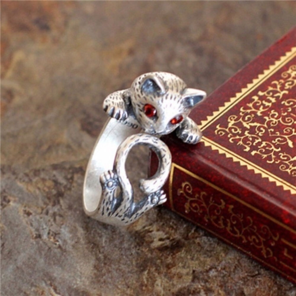 Antiqued Silver Adjustable Kitten Ring